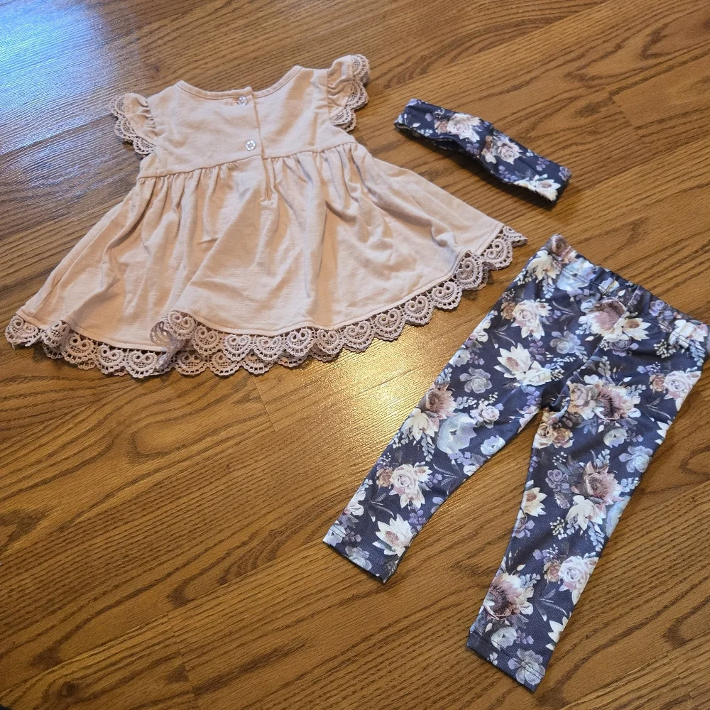 Savannah Pastel Pink Top Lace Trim Floral Pants Matching Baby Set Headband 3-6M
